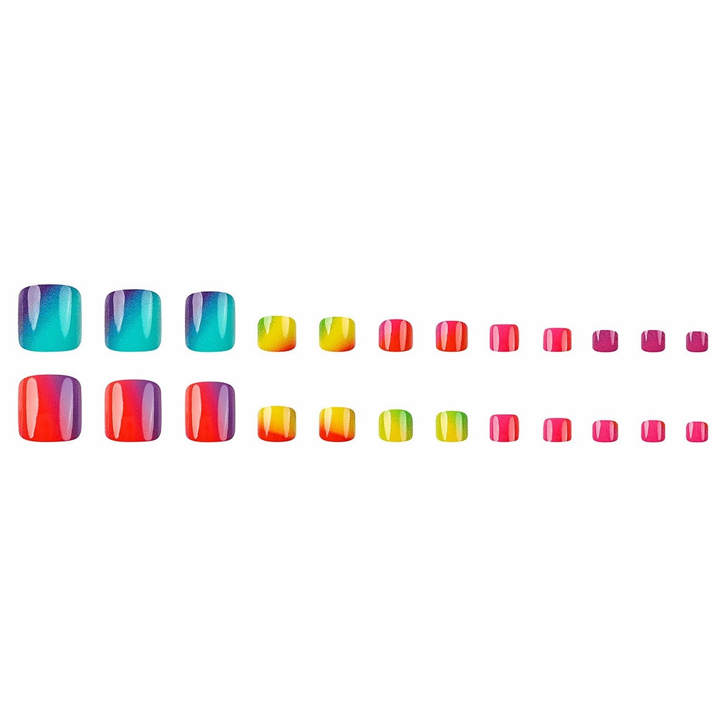 MISUD Press on Toenails - Fake Toe Nails with Colorful, Acrylic Toenail Rainbow Ombre Design 24 pcs