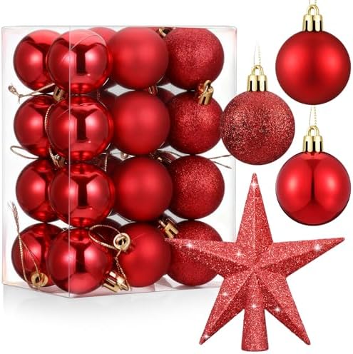 RoundFunny 25 Pcs Mini Christmas Balls Ornaments Set 1.57 Inch Christmas Day Ball Topper Star Tree Hanging Ornaments for Party Decoration(Red)