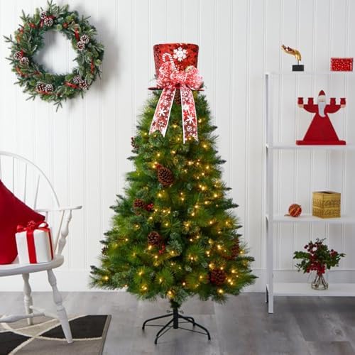 Christmas Tree Topper Hat,10 in Stripes Plaid Xmas Tree Top Hat with Xmas Ornaments and Bows,Collapsible Red White Stripe Tree Topper,Christmas Tree Decoration,Xmas Tabletop Ornaments (A)