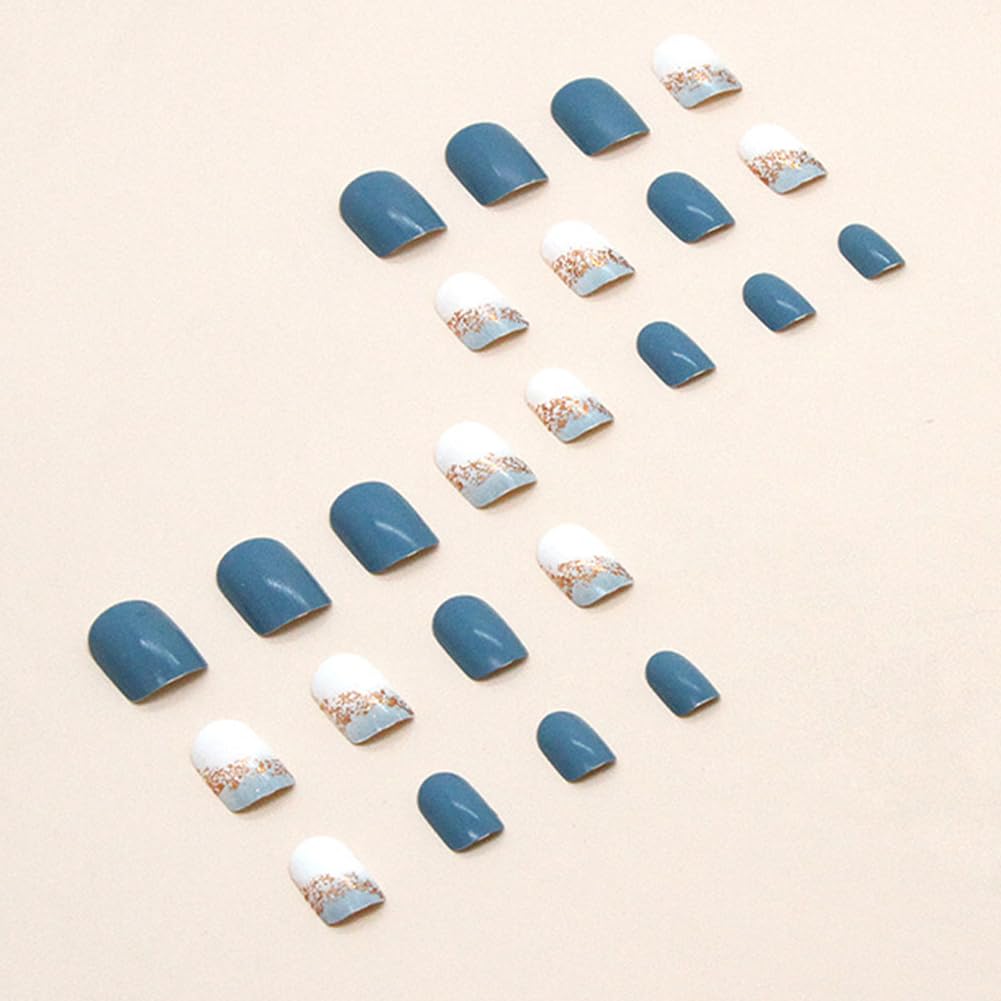 Extra Short Press On Nails Glue On Square Glossy Blue Fake False Nails with Glitter Press Ons Designs Artificial Stick on Nail for Women Girls 24Pcs