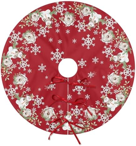 Winter Snowman Red Christmas Tree Skirt 48 Inch Xmas White Snowflake Tree Skirt Winter Snowman Christmas Tree Mat for Xmas Farmhouse Home Party Holiday Indoor Outdoor Decorations