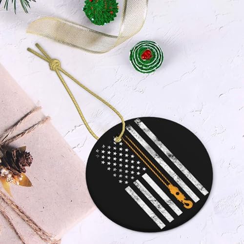 Holiday Ceramic Ornament, Lifting Hook Thin American Flag Crane Operator, Double-Sided Round Pendant, Ideal Christmas Decoration