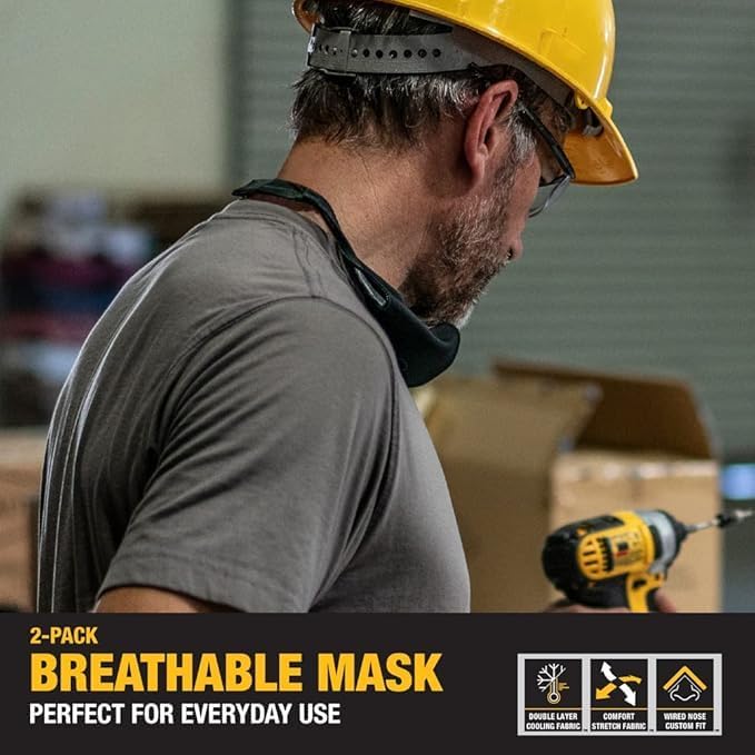 DEWALT Breathable Cloth Face Masks — Adjustable Earloops and Removable Neckstrap — Black — 2-Pack
