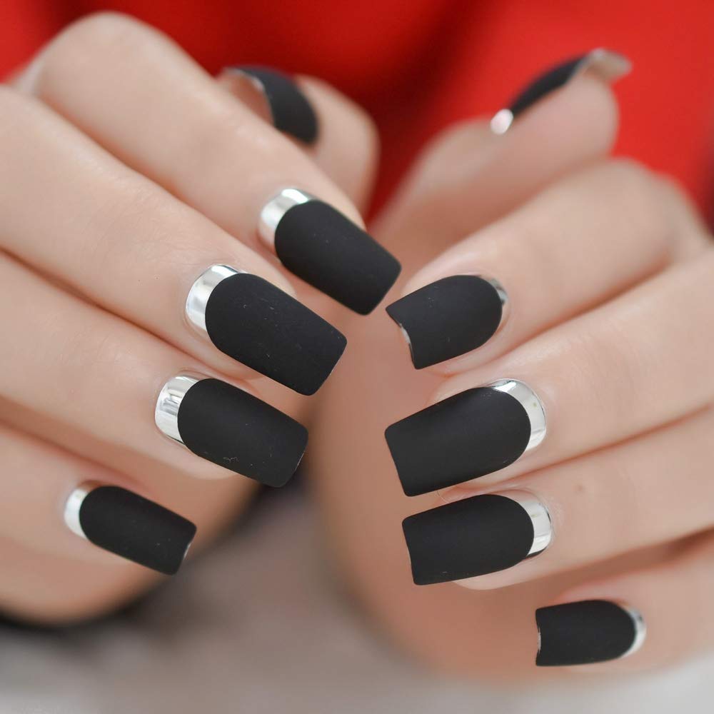 iMABC Matte Black Silver Metallic French Press On Nails Medium Length Square False Women Girls Nail Art Reusable Fingernails Datechable Acrylic Manicure For Daily Dating Office Home Party (24pcs)