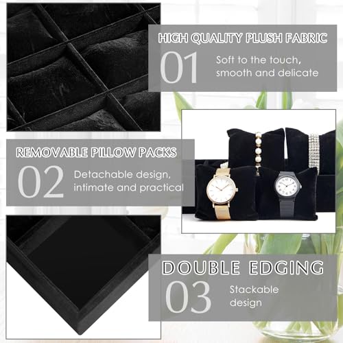 Henoyso 2 Pieces 12 Grid Velvet Watch Tray Jewelry Organizer Stackable Watch Bracelet Bangle Display Holder Adjustable Pillow(Black) - color: Black, size: 12 Grid