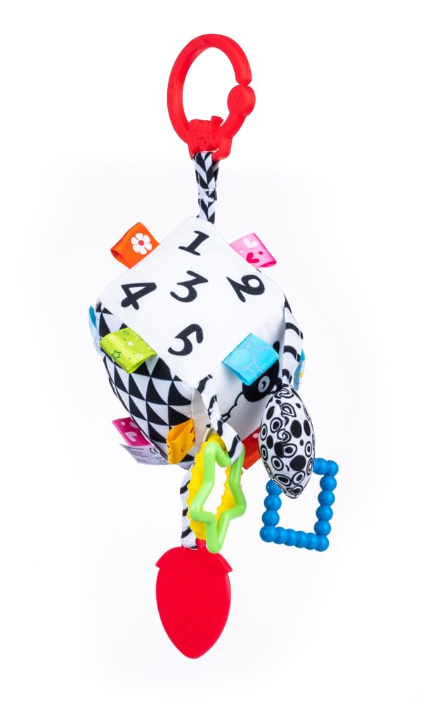 Balibazoo Sensory Activity Cube for Babies 0-24M - High-Contrast Black & White Developmental Toy | BPA-Free Silicone Teether, Crinkle, Rattle Rings | Clip Attachment | Gift for Newborns