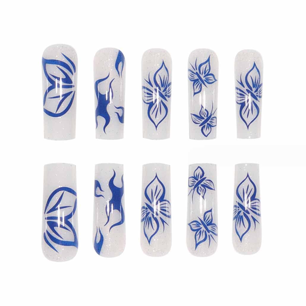 Foccna Long Blue Press on Nails Square Fake Nails White Full Cover Butterfly Acrylic False Nails Glossy Nails for Women and Girls-24PCS