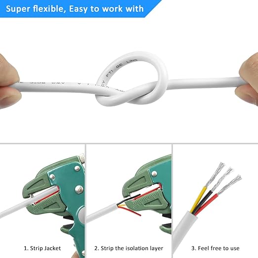 DEKIEVALE 16 Gauge 3 Conductor Electrical Wire, 16.4FT White Stranded Low Voltage 16/3 Cable PVC Case, 16 AWG Tinned Copper 3 Wire Cable, Flexible Extension Power Cord for LED Lamp Lighting Automotive