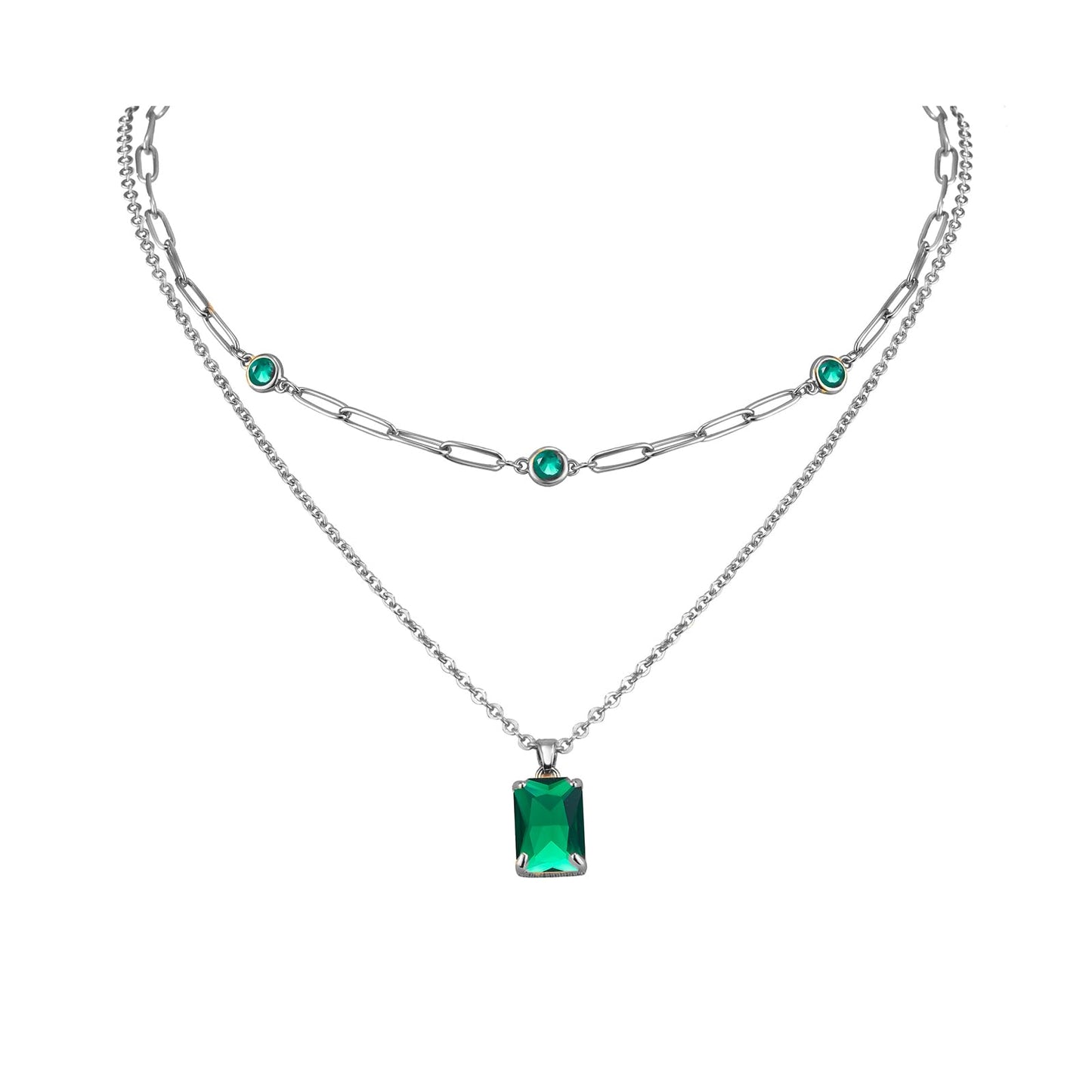 VANGETIMI Emerald Green and Silver Layered Pendant Necklaces for Women Silver Plated Crystal Choker Necklace Paperclip Rhinestone Necklace Party Prom Jewelry