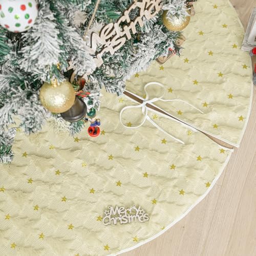 AVOIN colorlife Soft Plush Faux Fur Christmas Tree Skirt 36 Inch, Jacquard Beige Xmas Star Pine Trees Winter Holiday Mat Decoration