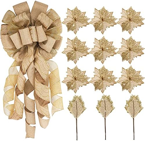 Syhood 13 Pcs Christmas Bow Tree Topper Set Flaxen