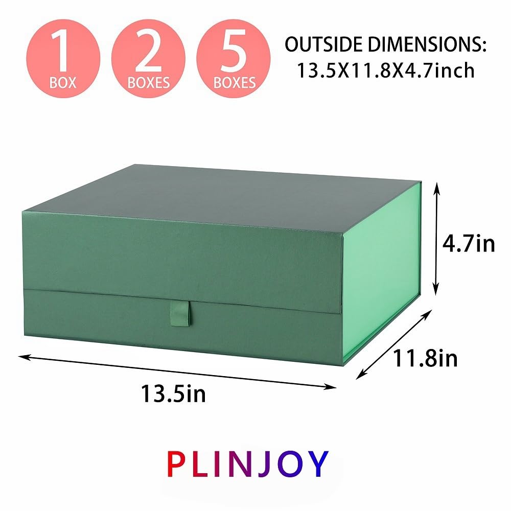 PLINJOY Large Gift Box 13.5x11.8x4.7 Inches, Green Gift Boxes for Presents with Magnetic Closure Lid, Luxury Gift Box Rectangle Collapsible Boxes for Gift Packaging