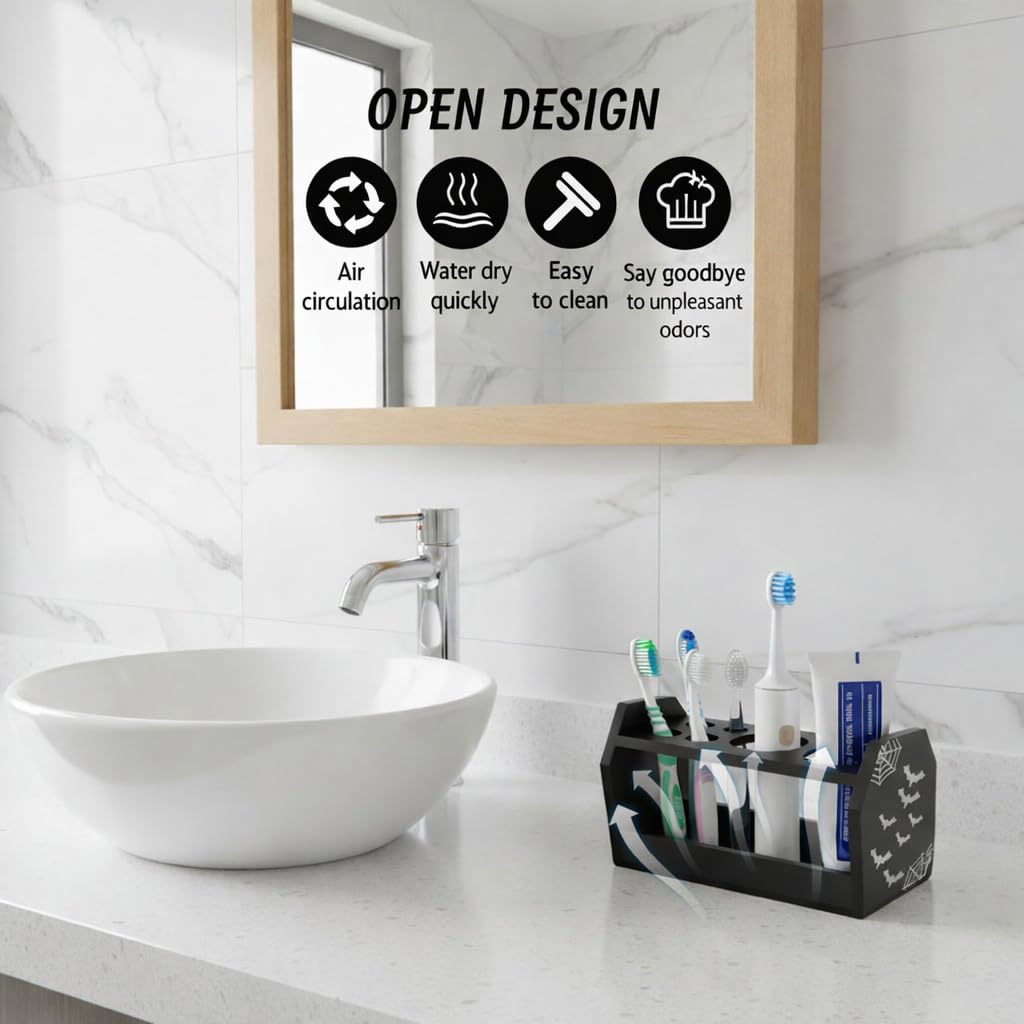 Halloween Gothic Bathroom Decor - Spooky Goth Coffin Toothbrush Holder Sides Wide Open Quick Dry, Roomy Space, Horror Bats Skull Design - 5.5" L x 4" W x 6" H