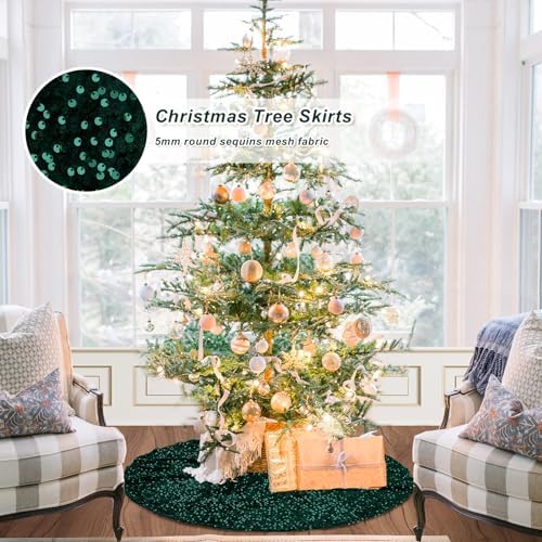 36 Inches Sequins Christmas Tree Skirt Emerald Green Small Velvet Tree Skirts Mats for 4ft Xmas Tree Decorations Living Room