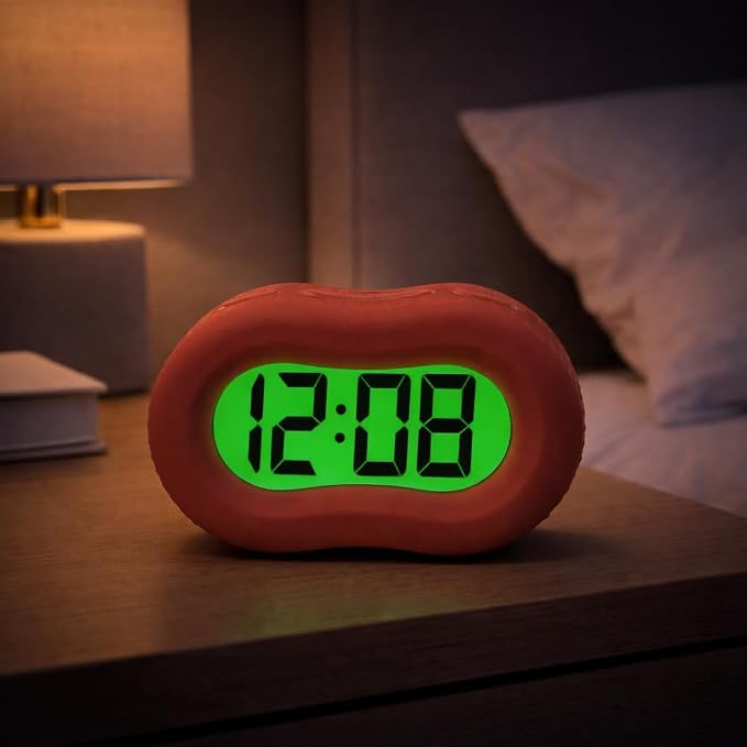Timelink Smartlight Rubber Alarm Clock with Automatic Night Light and Large Display ?€? Easy-to-Use Digital Alarm with Snooze, Soft Rubber Case, Battery Operated, for Kids and Adults (Red)