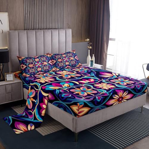 Feelyou Boho Bed Sheets Set Twin Size Southwestern Geometric Bedding Set for Kids Boys Girls Southwest Native American Design Sheets with Deep Pocket Fitted Sheet Tribal Bedding Set - color: Aubergine, size: Twin