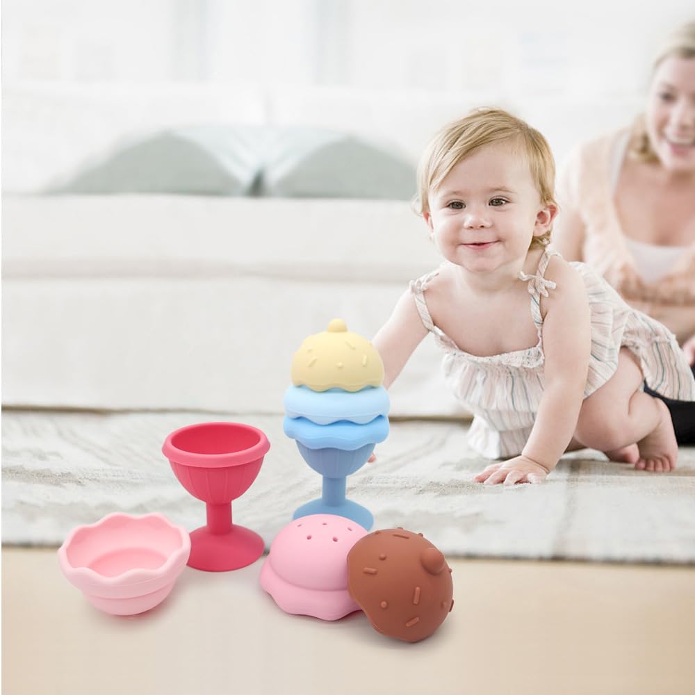 HertyPals Bath Toys, Silicone Ice Cream Stacking Toy, Baby Bath Toy, Connect, Build, Create - Bathtub Toys