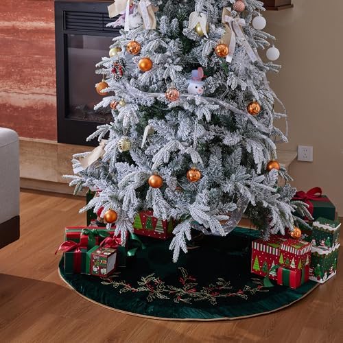 X.Sem Holly Leaf Embroidered Velvet Christmas Tree Skirt with Pleat Velvet Border 50'' (Dark Green, 50 inch)