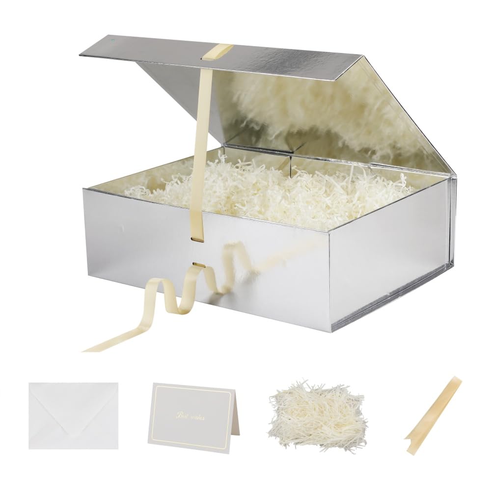 BoxSkivra Large Silver Gift Box with Ribbon 1 Pack 16.5X13X5.3 Inch Extra Large Gift Box with Lid Magnetic Closure Rectangle Collapsible Luxury Boxes for Wedding Dress、Shredded Paper Filler & Card