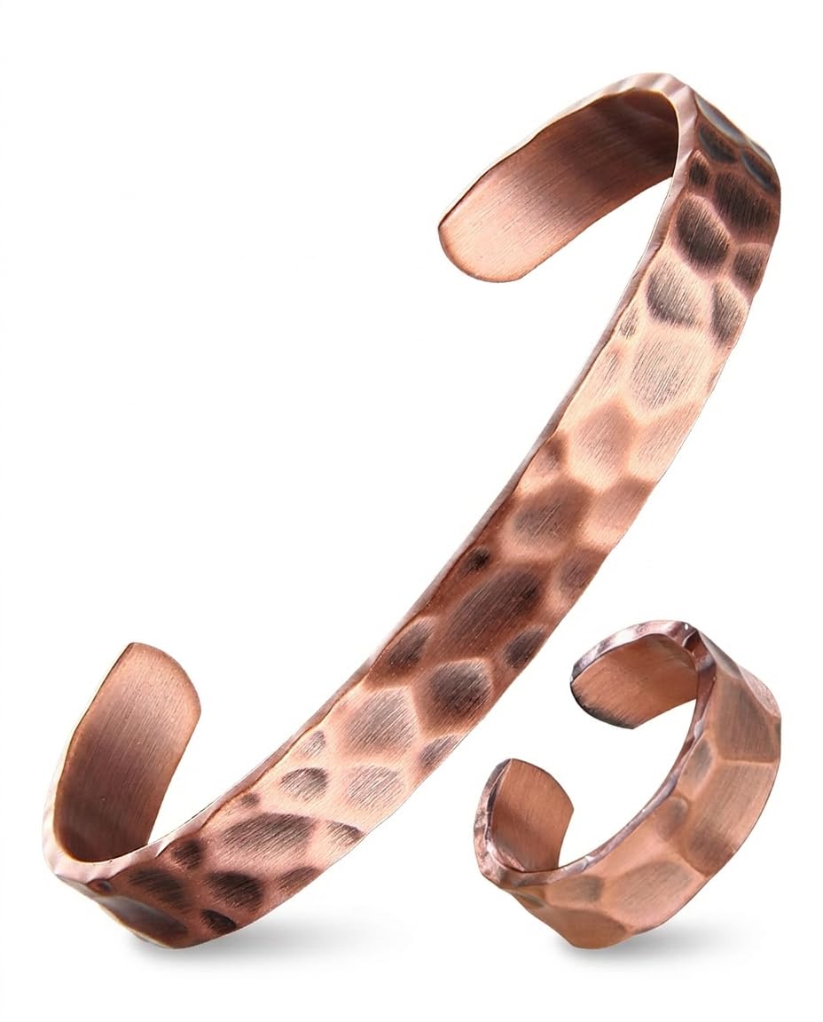 Fashtour Pure Copper Bracelet and Ring Set – Copper Bracelet for Men & Women – 100% Solid, Raw & Uncoated Handmade Hammered Tibetan Cuff Bangle (copper079)