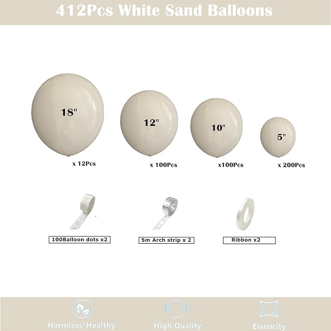 412pcs Sand White Balloon Garland Arch Kit 18 12 10 5 Inch Different Sizes Matte Neutral Latex Cream Balloons for Baby Shower Birthday Wedding Party Decoration