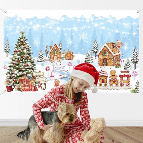 Mocsicka Gingerbread House Christmas Backdrop Blue Winter Merry Christmas Decorations Banner Sweet Gingerbread Candyland Photo Background Holiday Photo Booth Props - color: Blue