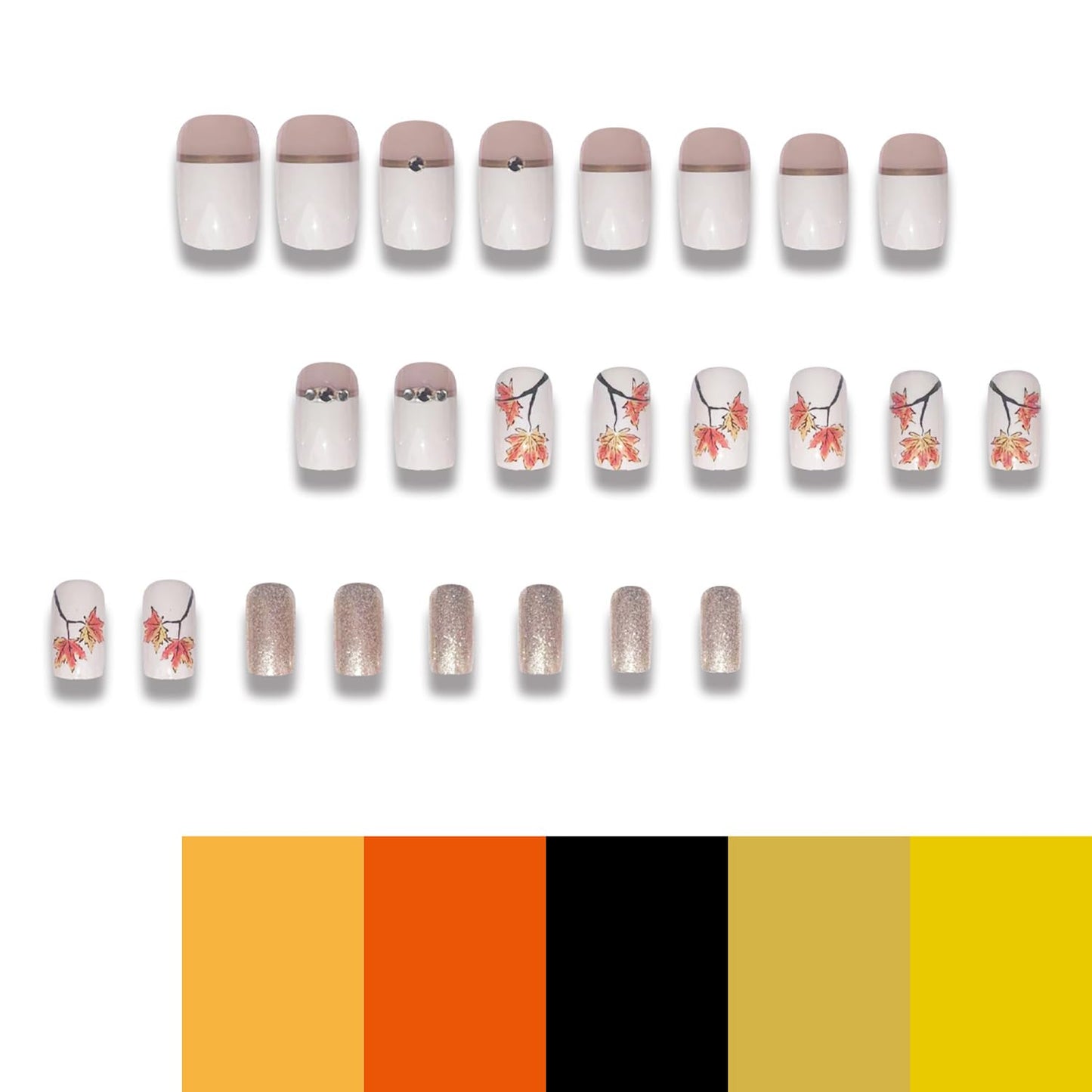 Thanksgiving Press On Short Nails Acrylic Glossy Full Cover Fall False Nails with Maple Leaf Designs Artificial Autumn Leaves Glue Ons Fake Nails for Women Girls (YS03)