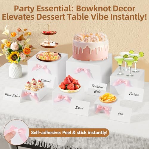 6 Pcs Buffet Risers, Acrylic Risers Display Stands for Buffet Table with Bow/Mini Sign/Marker/Mini Eraser, Hollow Bottom Nesting Cube Food Display Stand for Party Catering Dessert(8",7",6",5",4",4")