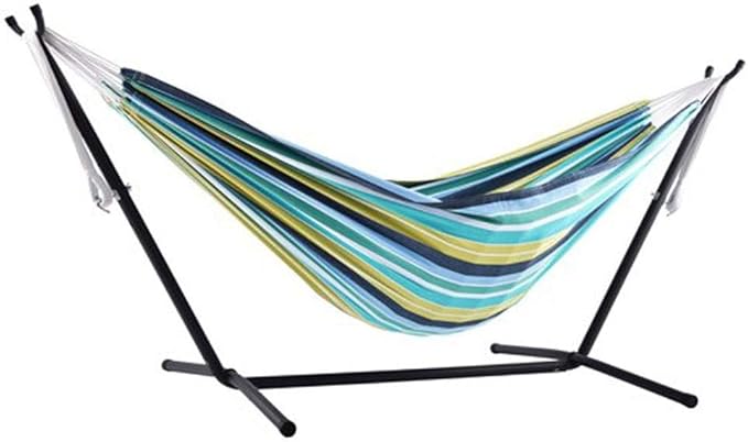 Vivere Double Cotton Combo Outdoor Backyard Patio Hammock with Stand, Cayo Reef