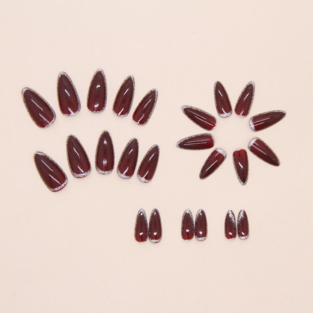 Red Press on Nails Medium Almond Fake Nails with Silver Glitter Design Glossy Ombre Red False Nails Shiny Acrylic Stick on Nails Reusable Full Cover Glue on Nail for Women Girls Manicure 24Pcs