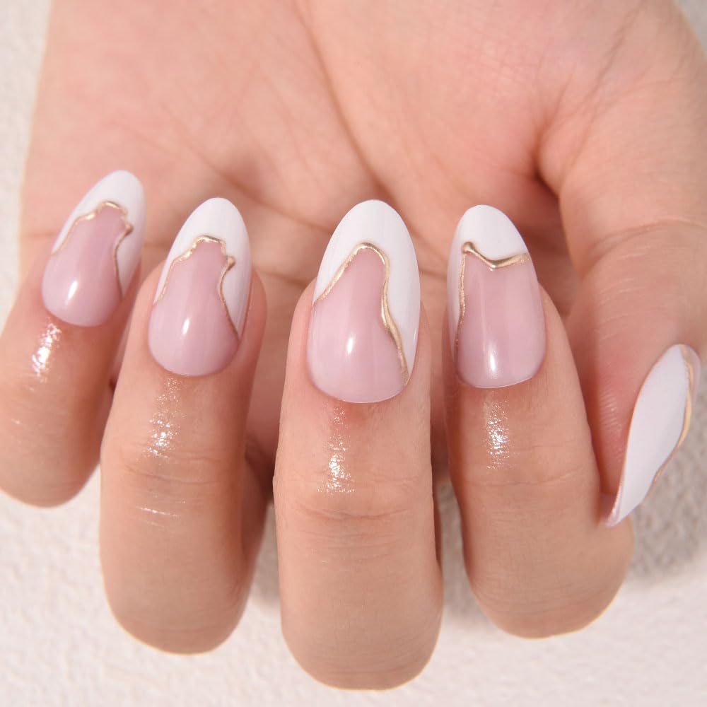 evpct French Tip Press On Nails Short Almond, Nude Pink + Gold Line & Wihte Tips, Glossy Short Almond Fake False Press on Nails, Soft Gel Stick on nail Press ons with Nail Kit Reusable Salon Quality