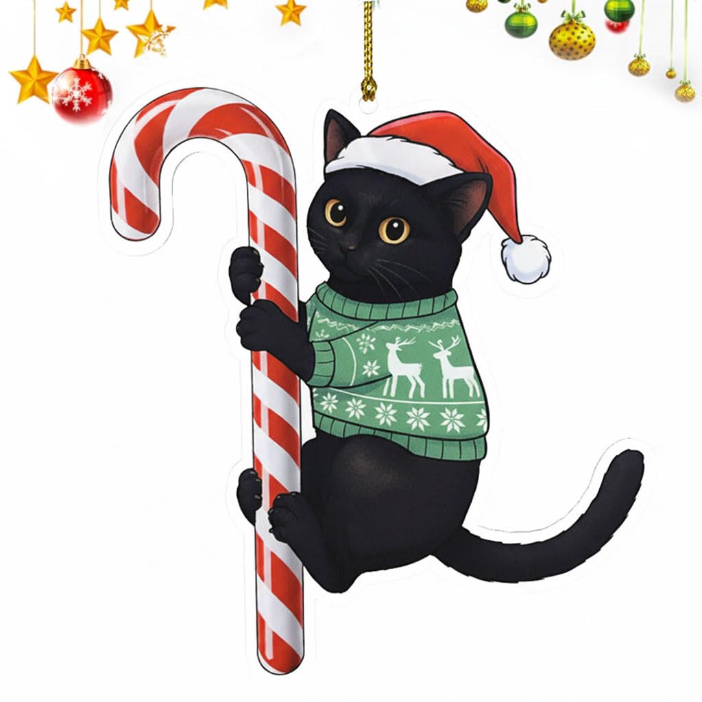 Black Cat Christmas Ornament Hugging Candy Cane 2D Flat Acrylic Ornament - Cute Ornaments for Christmas Tree, Black Cat Ornaments for Women, Men 2025