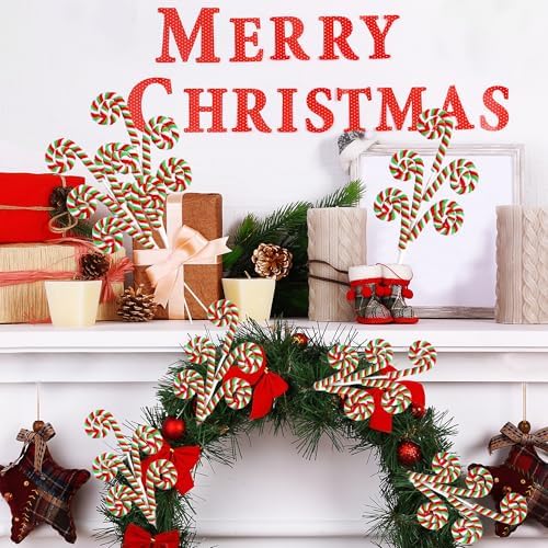 Sggvecsy 6 Pcs Christmas Tree Decoration Woolen Bells Candy Cane Shape Picks Lollipop Curly Pick Ornaments Xmas Tree Topper for Party Vase Filler Home Office Decor (Green)