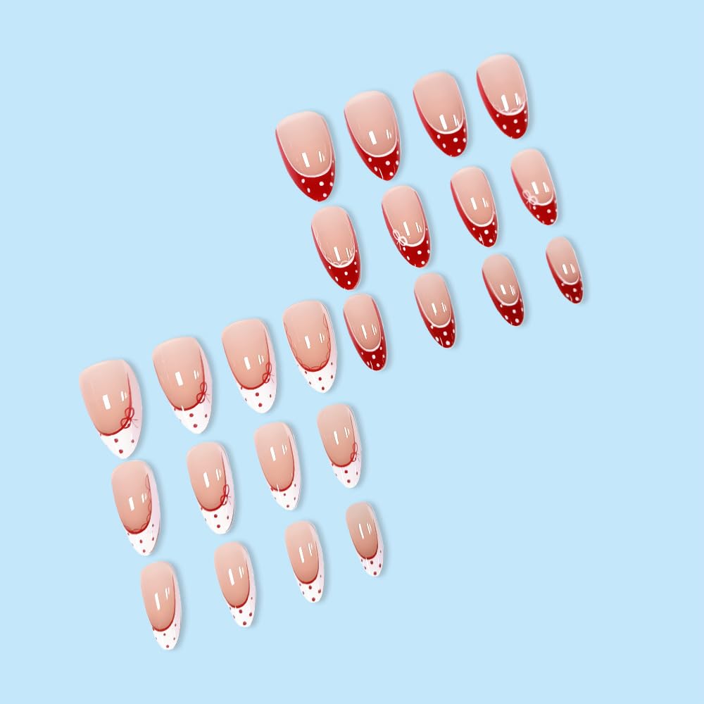 24Pcs Red French Polka Dot Press on Nails Medium Almond Fake Nails with Lace Designs White Tip Bow False Nail for Women Glossy Full Cover Stick on Nails Nude Pink Acrylic Nail Manicure Kit