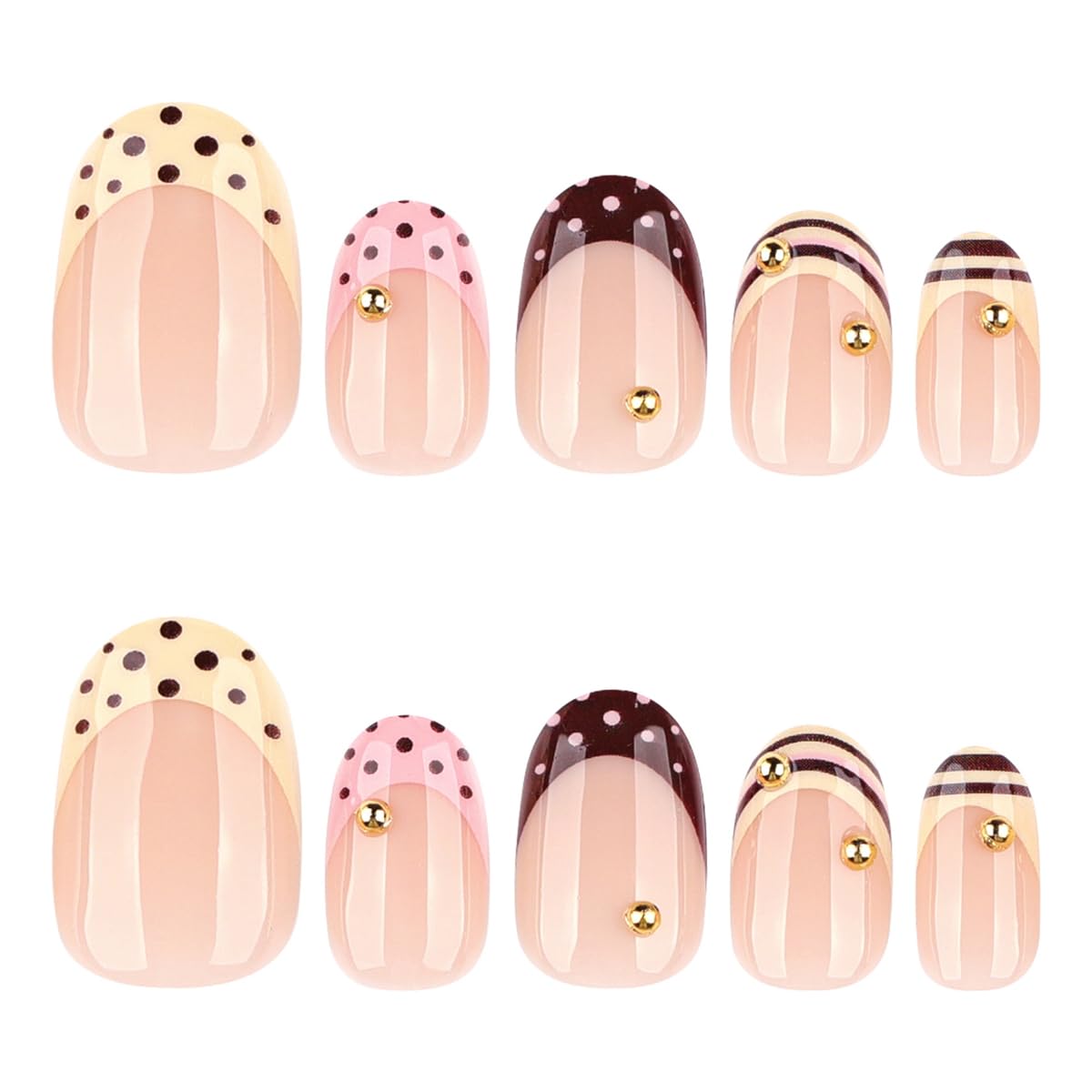 French Tip Press on Nails Short Oval Fake Nails Polka Dot False Nails Press ons with Gold Beads Design Glossy Cute Nails Artificial Acrylic Glue on Nails for Women Girls Manicure 24Pcs