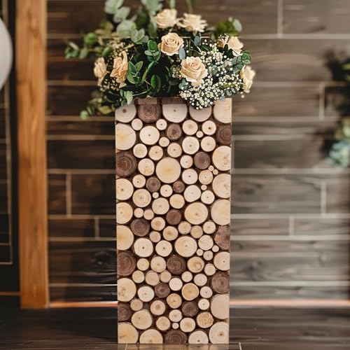 Efavormart 24 inch Natural Wooden Slices Pillar Pedestal Stand, Rustic Wood Riser Rectangular Plant Stand for Wedding Aisle and Farmhouse Home Decor - size: 24"