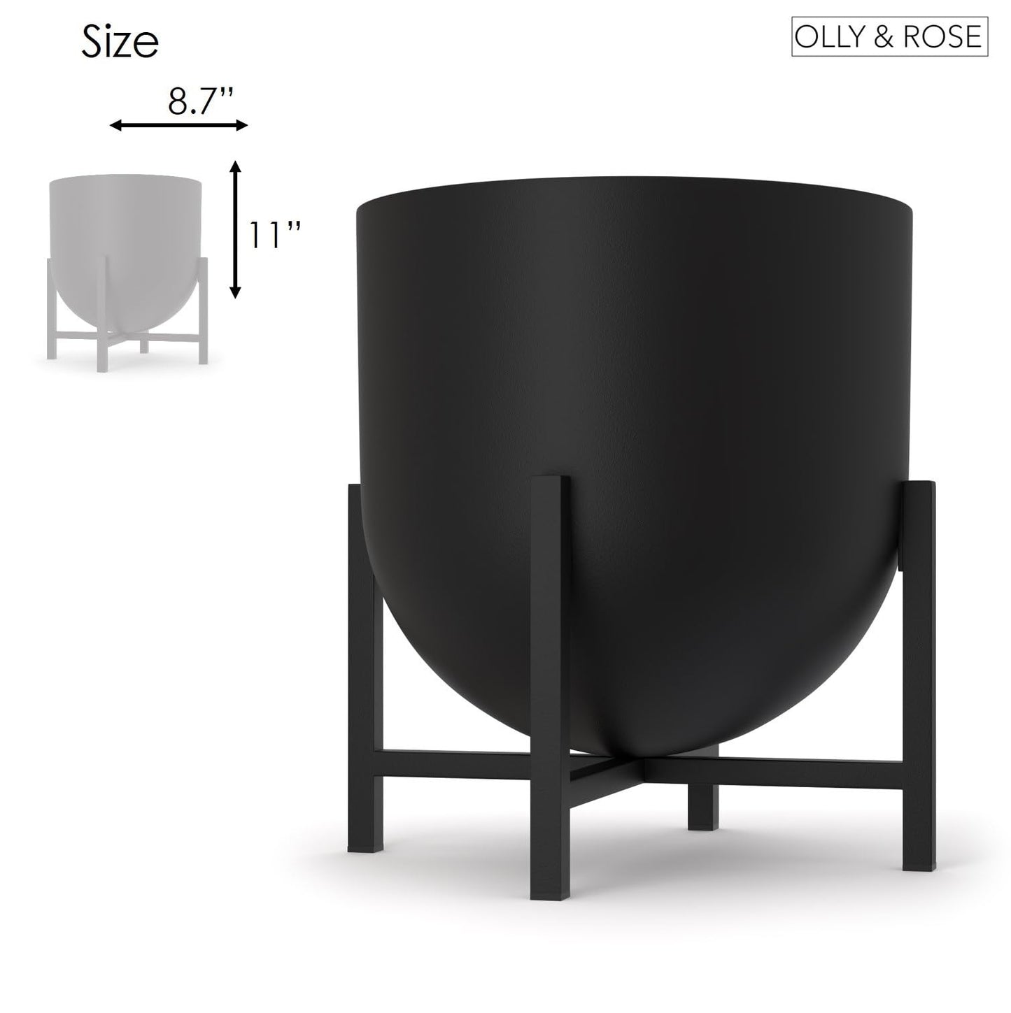 Olly & Rose Plant Pot with Plant Stand - Metal Plant Pots Indoor Planter 22cm Large Flower Pot (Black)