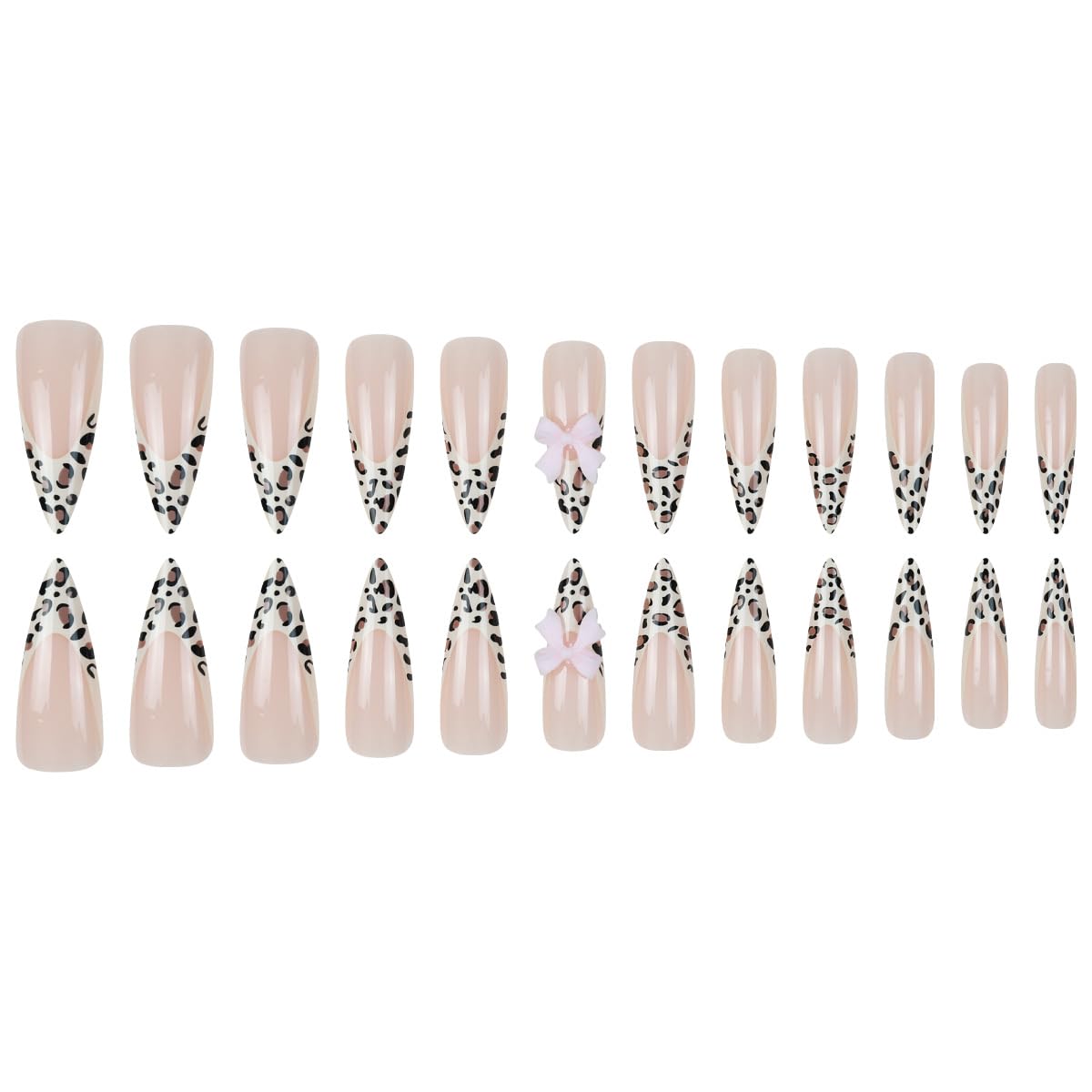 plalely Stiletto Press on Nails Long Brown Fake NailLeopard Acrylic with Pink Bow Design Stick on Nails for Women 24pcs