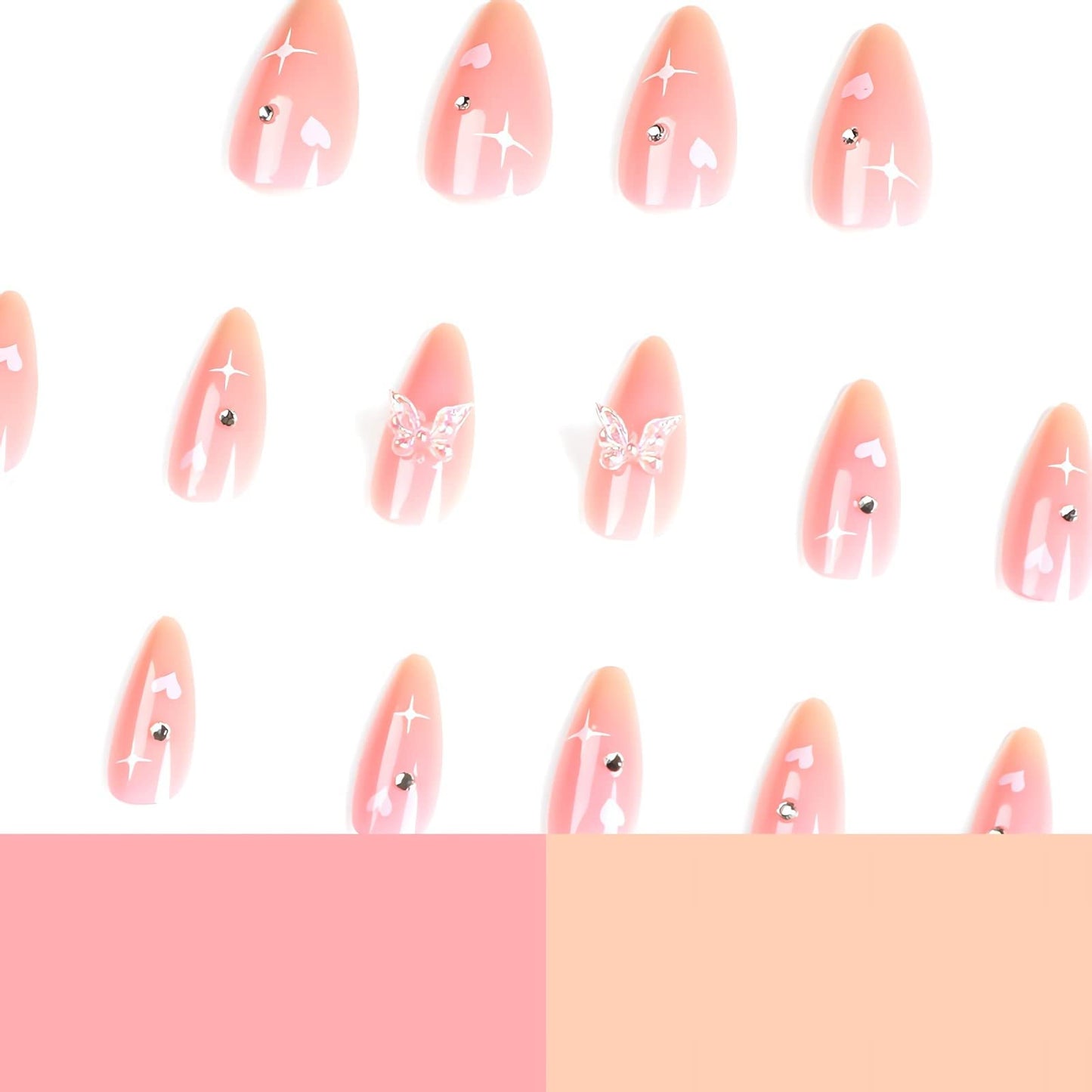 IMSOHOT Almond Press on Nails Pink Medium Fake Nails Stiletto Butterfly Rhinestone False Nails with Designs Glossy Full Cover Acrylic Glue on Nails for Women 24pcs