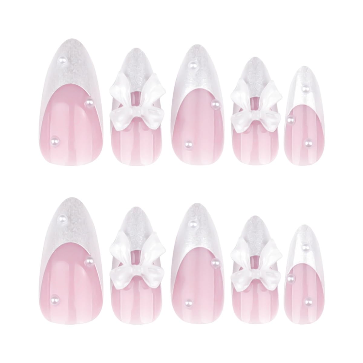 White French Tip Press on Nails Medium Almond Reusable Fake Nails with Glue Pearl Bow Rhinestones Stick on Nails Pink Glossy False Nails for Women DIY Manicure Decoration, 24PCS