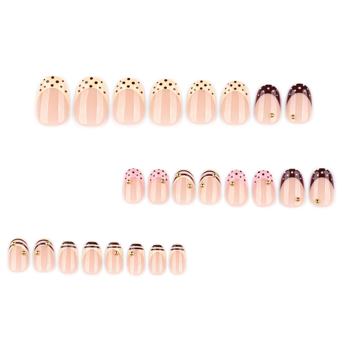 French Tip Press on Nails Short Oval Fake Nails Polka Dot False Nails Press ons with Gold Beads Design Glossy Cute Nails Artificial Acrylic Glue on Nails for Women Girls Manicure 24Pcs
