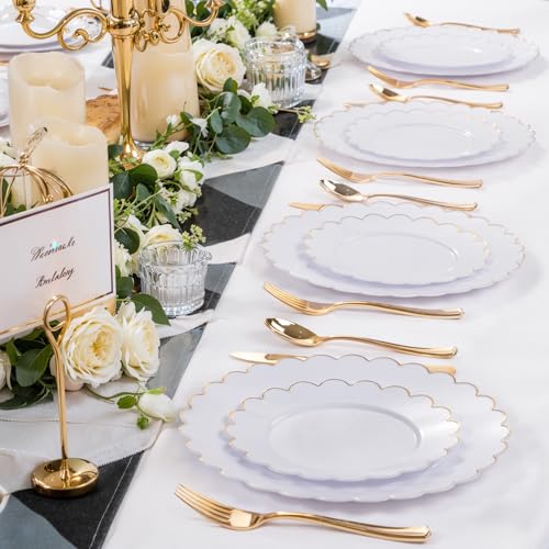 SUT 72 Pcs White Plates Disposable, White Plastic Plates With Gold Trim, 10.25 Inch Gold Dinner Plates, Fancy Plastic Plates, Plates Disposable Heavy Duty for Parties, Banquets - color: White Gold, size: 10.25 Inch