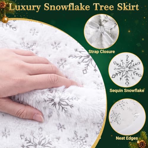 SeasonBliss Christmas Tree Skirt, Faux Fur Tree Skirt, Christmas Tree Skirts with Snowflake Patterns, Small Tree Skirt for 4ft-7.5ft Tree, Great for Christmas, Holiday, Party, 35.6 Inches, White
