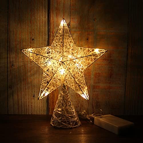 CVHOMEDECO. White Tree Top Star with Warm White LED Lights and Timer for Christmas Ornaments and Holiday Seasonal Décor, 8 x 10 Inch