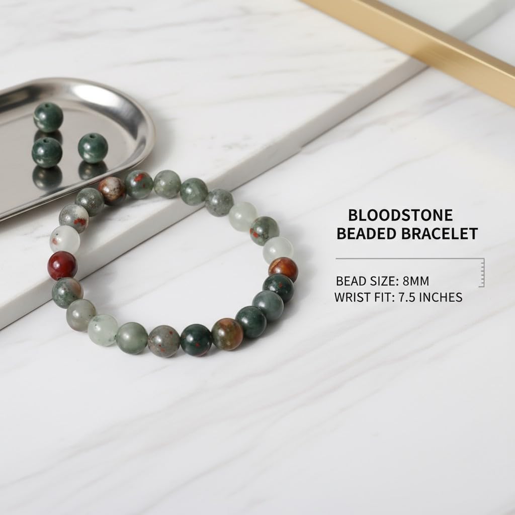 The Vida Handmade AAA+ Quality Crystal Stretch Elastic Bracelet - Nature Gemstone - Jewelry Gift - Holiday Gift - For Women & Men (Bloodstone)