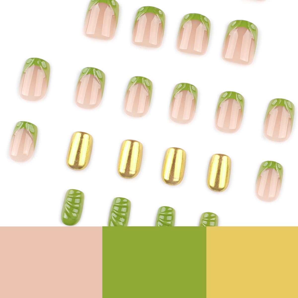 Lime Green Chrome Press on Nails Short Square Fake Nails Spring Summer Nail Press ons with Design Green French Full Cover Stick on Nails for Women Manicure,Reusable | Glue Tabs | Easy Apply | 24Pcs