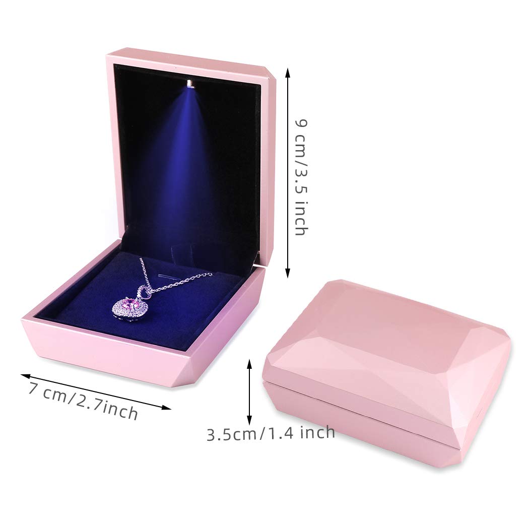 iSuperb LED Pendant Necklace Box Bracelet Box Couple Jewelry Gift Boxes Case Small Jewelry Display for Proposal Engagement Wedding (Pink)