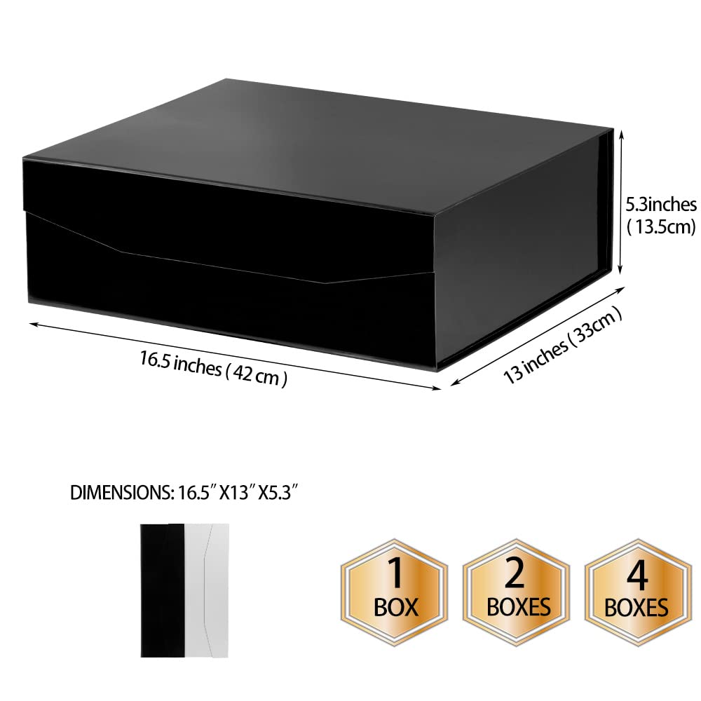 PACKGILO 1 Pcs Black Extra Large Gift Box with Lid, 16.5 x 13 x 5.3 Inches, Hard Magnetic Giant Gift Boxes for Presents Clothes Robe Wedding Dress Sweater,Reusable Foldable Bridesmaid Proposal Box