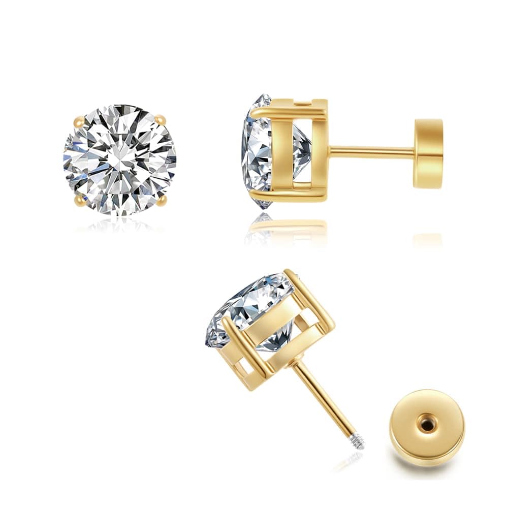 Hypoallergenic Flat Back 5A CZ Stud Earrings,Gold Plated Surgical Steel Secure Screw Back Cartilage Earrings for Women Men with Sensitive Ears | Multiple Piercing,4mm White CZ
