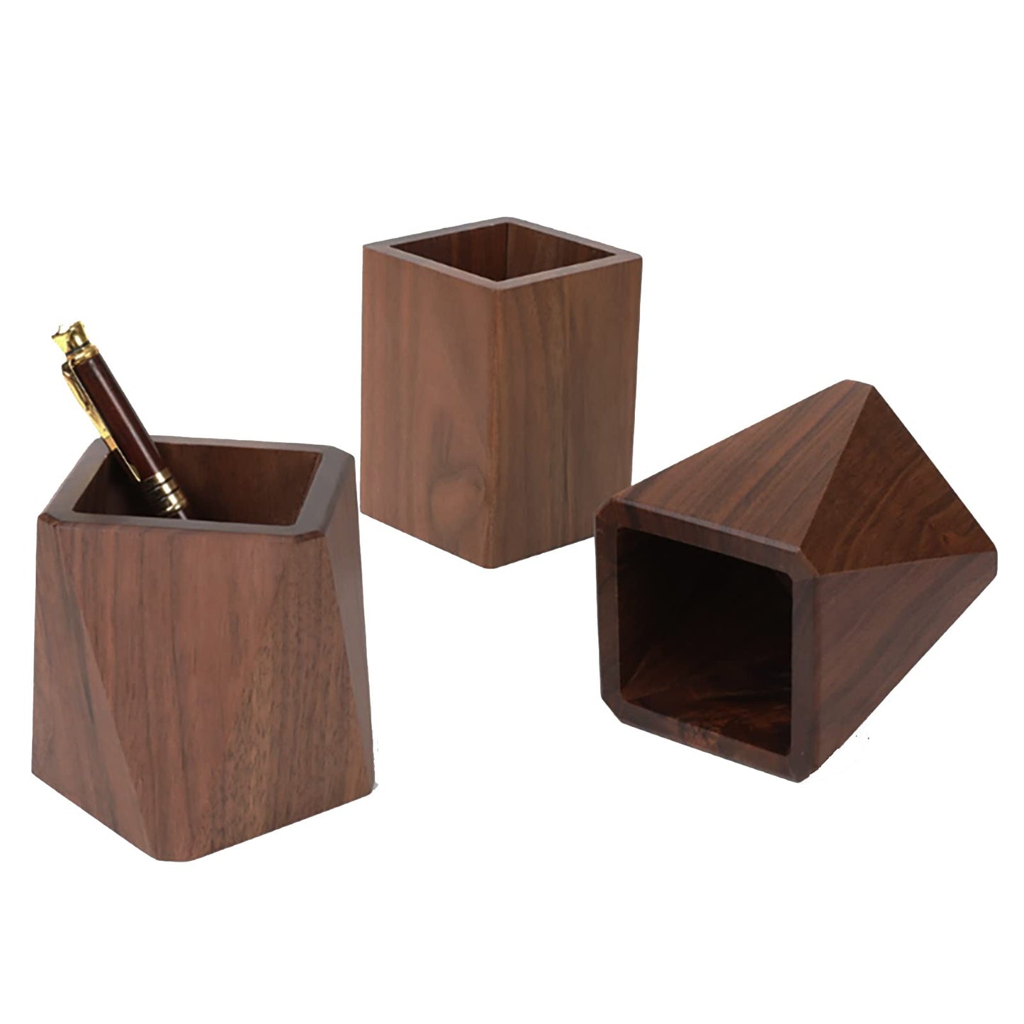 Soseelnee Black Walnut Wooden Pencil Box, Multiple-Use Desk Writing Stationary Organizer Wood Pen Holder Cups Office School Supplies Storage (Square Shape)